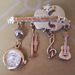 Vintage Bonetto Musical Instrument Brooch with Watch